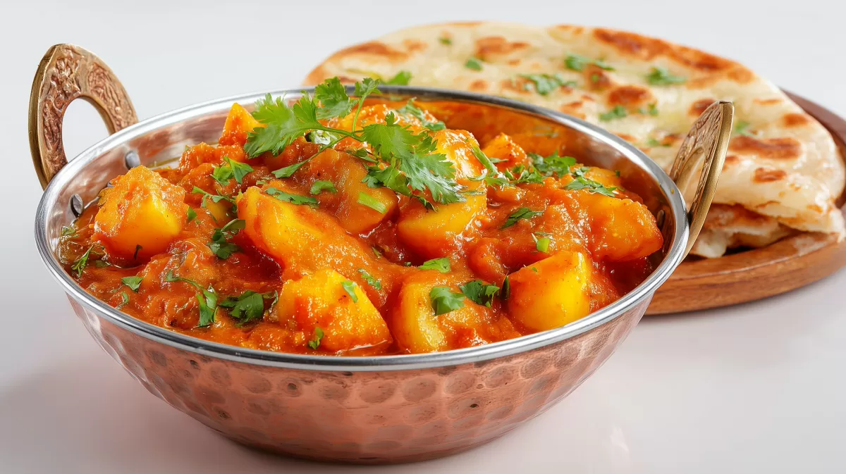 Würziges Kartoffelcurry mit Naan in Kupferschale