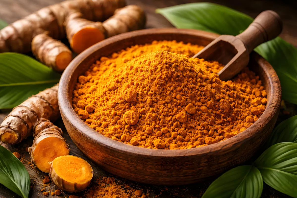 Würziges Kurkuma-Gewürz in rustikaler Holzschale