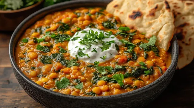 Würziges Linsen-Curry mit Spinat und Fladenbrot