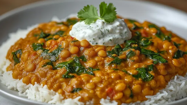 Würziges Linsen-Spinat-Curry mit Joghurt auf Basmatireis