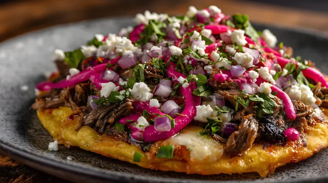 Würziges mexikanisches Huarache-Gericht mit Fleisch und Gemüse