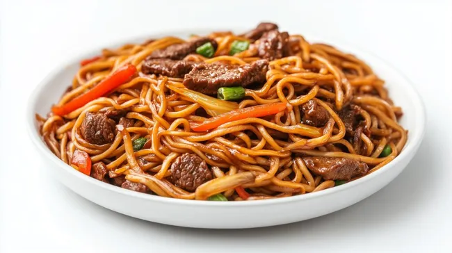 Würziges Rind-Chow-Mein auf weißem Teller