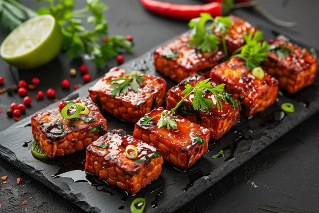 Würziges Sojaschnitzel auf Schieferteller