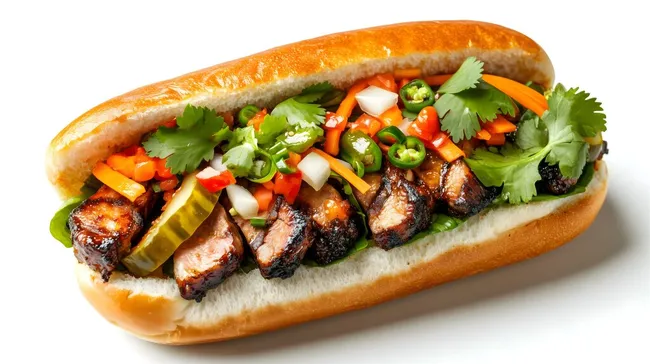 Würziges vietnamesisches Banh Mi Sandwich mit gegrilltem Fleisch
