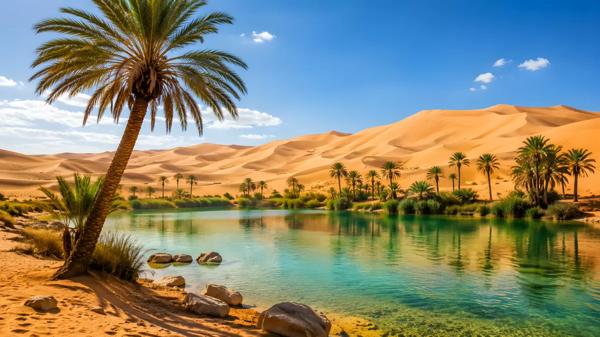 Wüstenoase mit Palmen und türkisem Wassersee