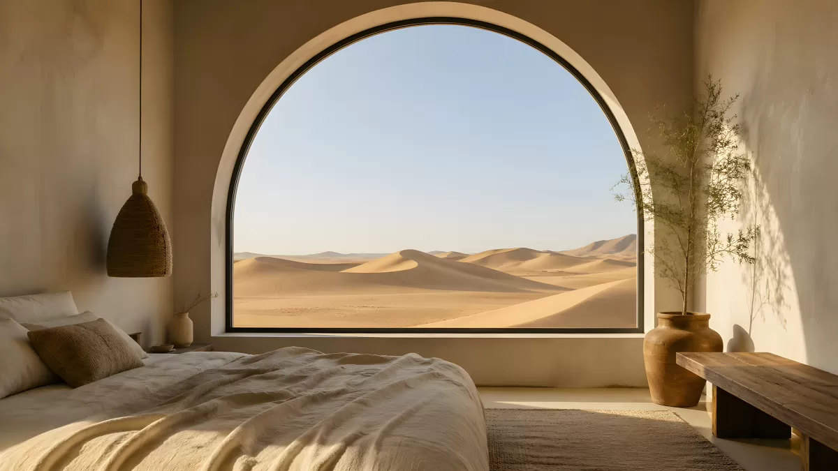 Wüstenpanorama durch Bogenfenster im Minimalschlafzimmer