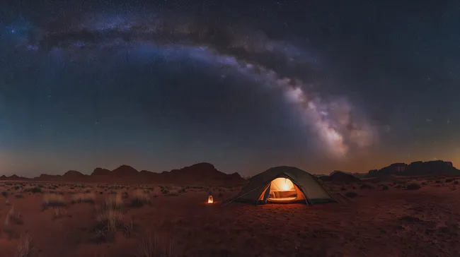 Wüstenzelt unter funkelnder Milchstraße