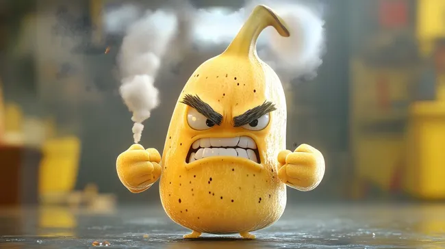 Wütende 3D-Cartoon-Banane mit geballten Fäusten