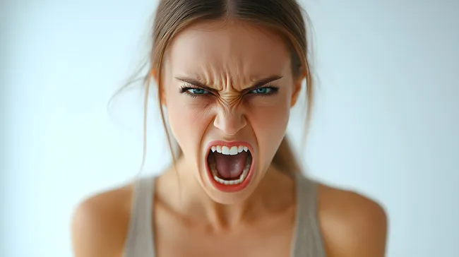 Wütende Frau schreit mit zusammengezogenen Augenbrauen