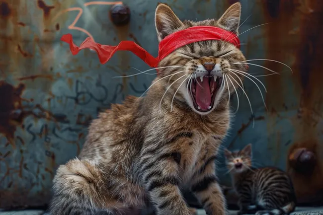 Wütende Katze mit roter Schleife