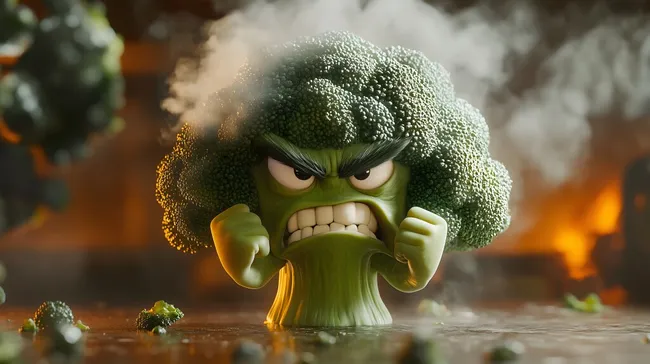 Wütender 3D-Brokkoli-Charakter mit geballten Fäusten