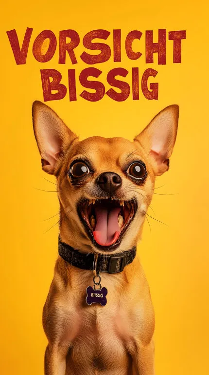 Wütender Chihuahua mit Bissig-Halsband vor gelbem Hintergrund