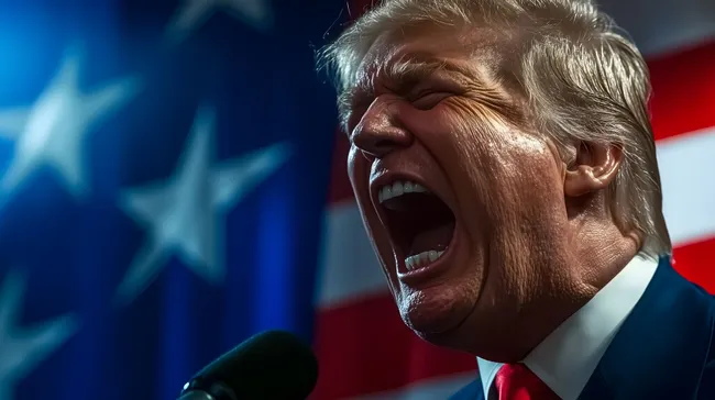 Wütender Politiker hält aggressive Rede vor Flagge