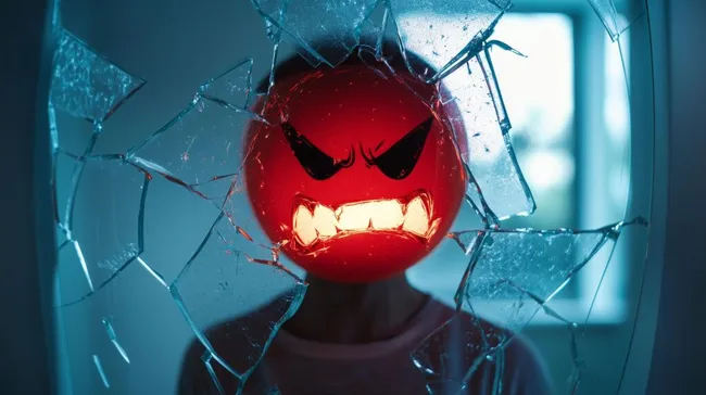 Wütendes Tomatengrinsegesicht hinter zerbrochenem Glas