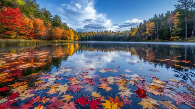 Wunderschöne Herbstlandschaft mit Blätterreflexion