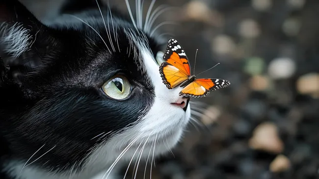 Wunderschöne Katze mit orangefarbenem Schmetterling auf der Nase