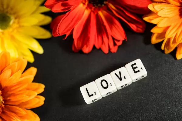 Würfel zeigt das englische Wort für Liebe "Love", umgeben von Blumen in warmen Farben