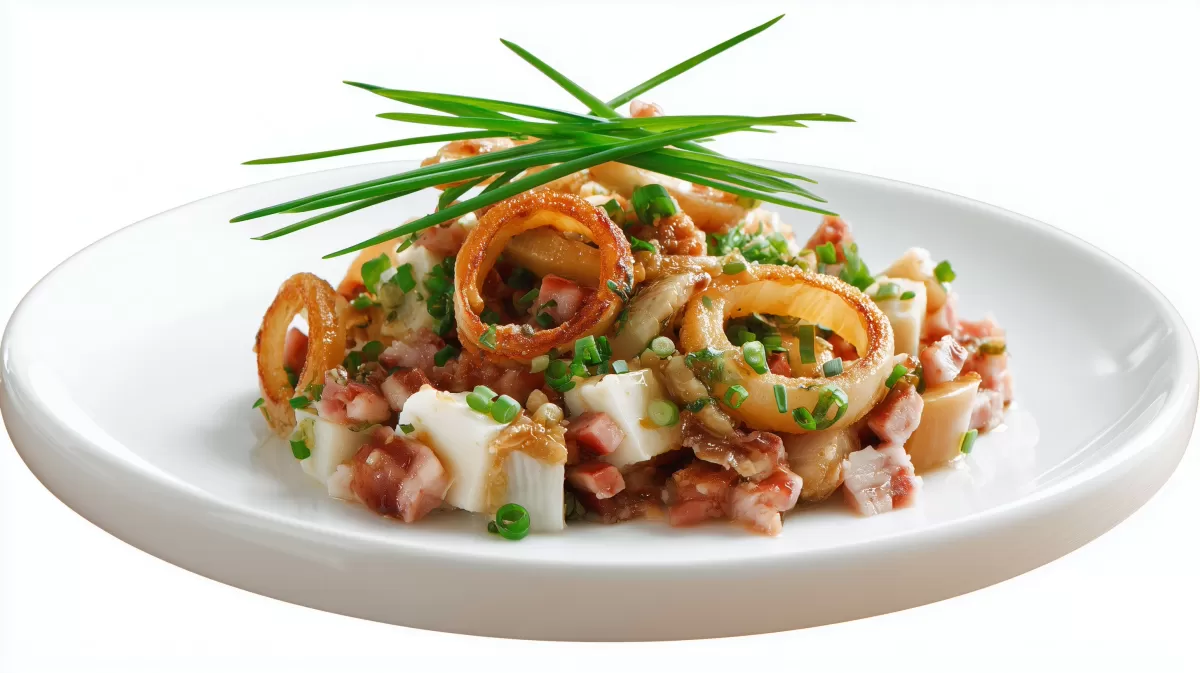 Wurstsalat Schweizer Art mit Käse und Röstzwiebeln