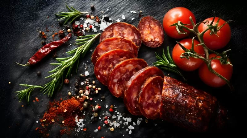 Wurstscheiben mit Tomaten und Gewürzen auf Schiefer