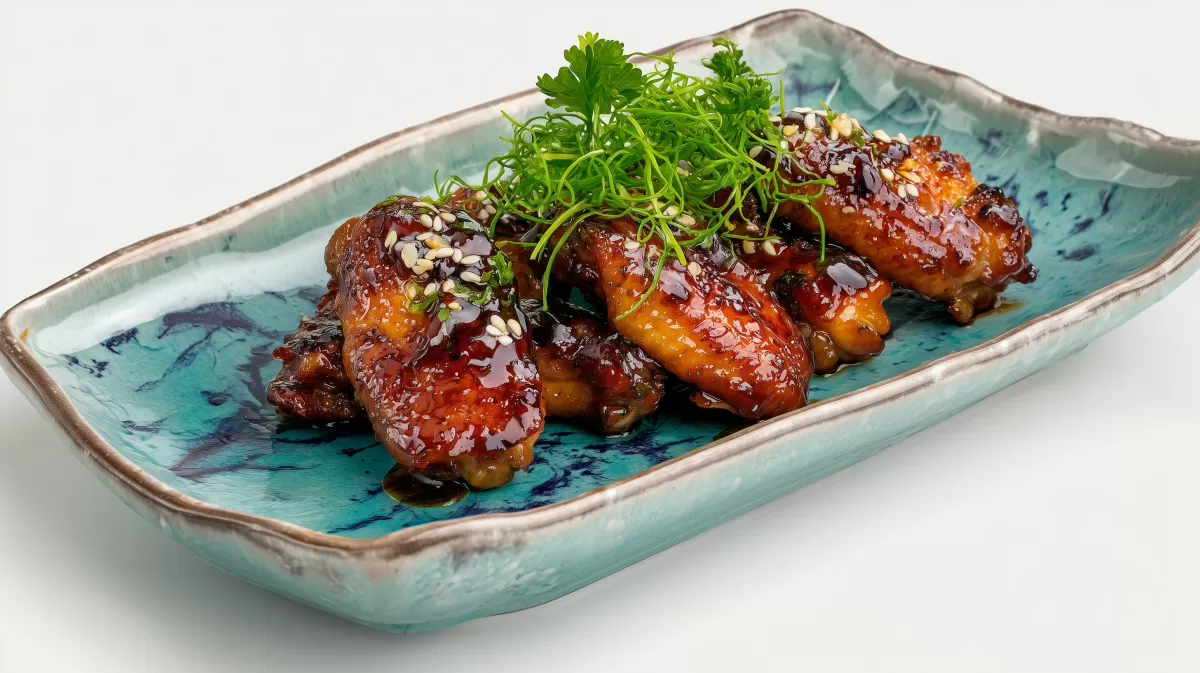 Yakitori Chickenwings mit japanischer Glasur auf Keramikteller