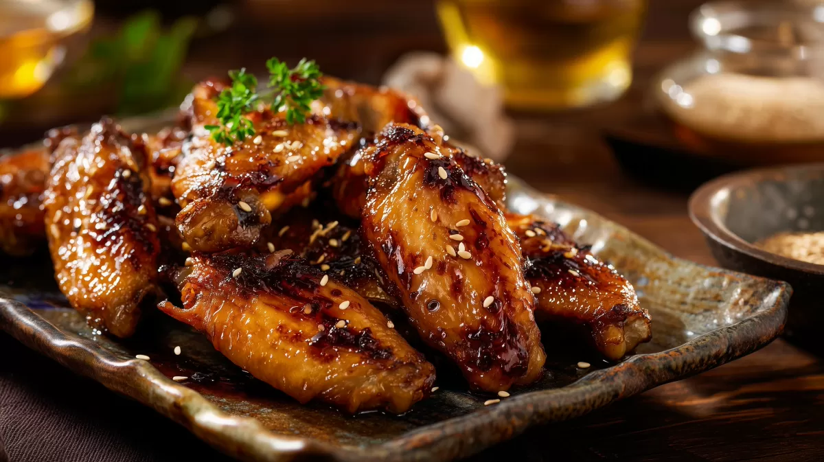 Yakitori Chickenwings mit japanischer Glasur auf Teller
