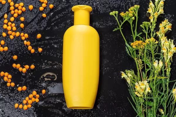 Yellow plastic bottle and sea buckthorn berries and wildflowers on black background. Natural care products (Flip 2019)