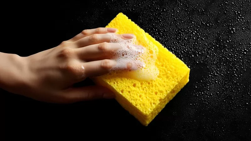 Yellow sponge in hand over white sink