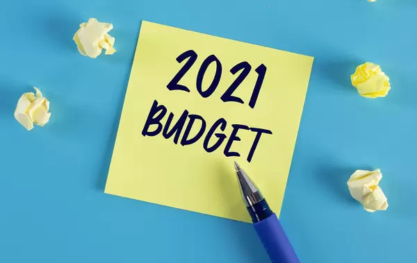 Yellow sticky note with 2021 Budget text