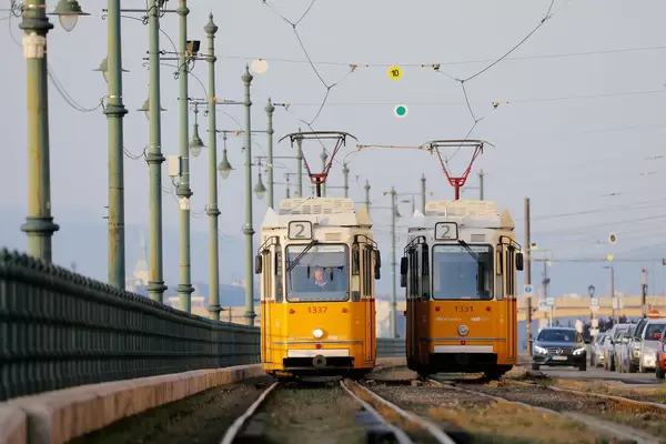 Yellow trams in Budapest, Hungary