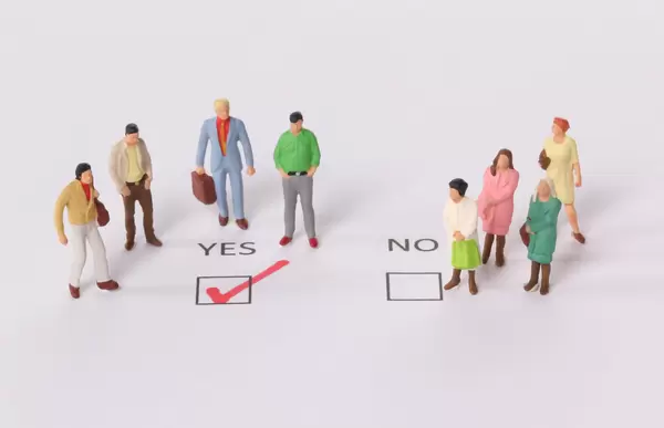 Yes and No check boxes with red check mark in the Yes box. The concept of gender discrimination in society.