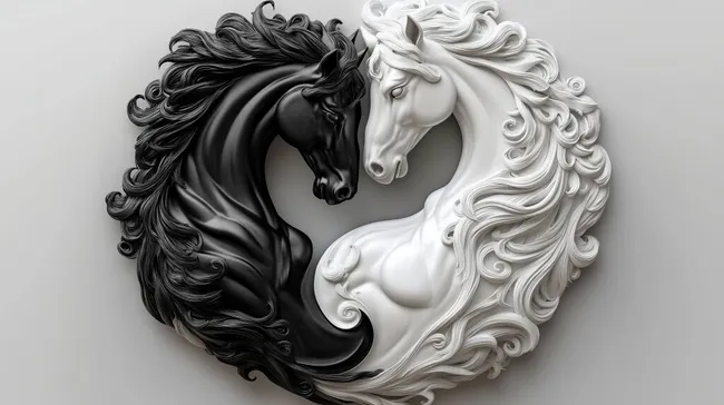 Yin und Yang Pferde Skulptur in Schwarz und Weiß