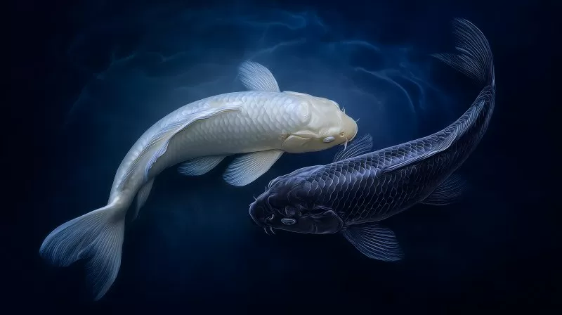 Yin Yang: Schwarzer und weißer Koi Fisch schwimmen im Wasser