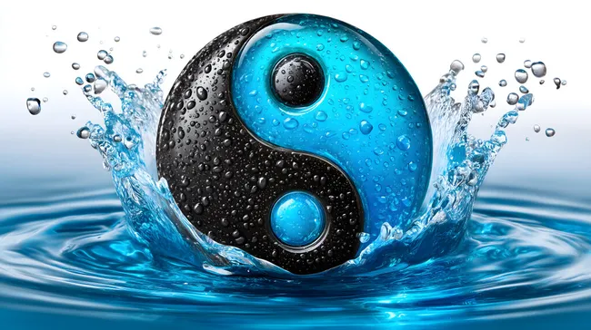 Yin-Yang-Symbol aus Glas mit Wassertropfen