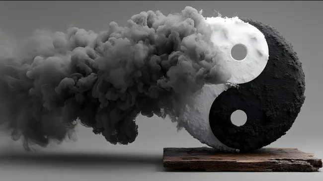 Yin-Yang-Symbol umhüllt von Rauchschwaden auf Holzbrett