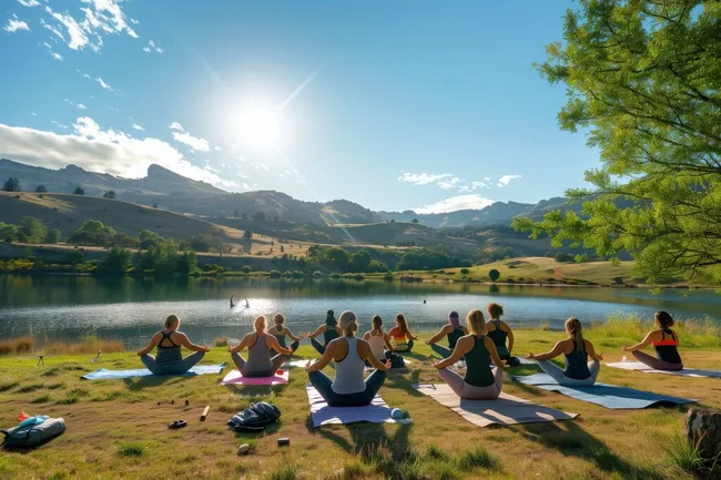 Yoga am Bergsee unter Sonnenschein