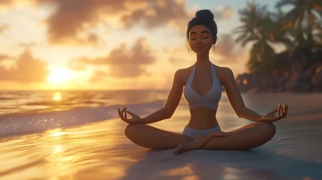 Yoga-Frau im Lotussitz am Strand bei Sonnenuntergang