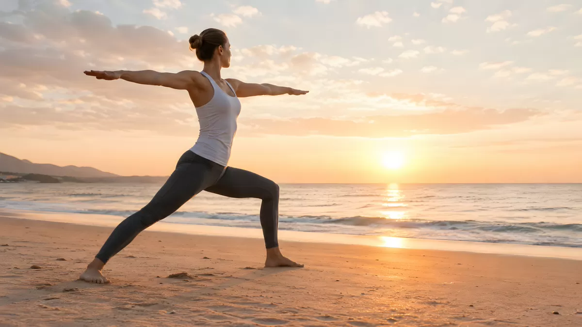 Yoga-Frau in Krieger-Pose am Strand bei Sonnenuntergang