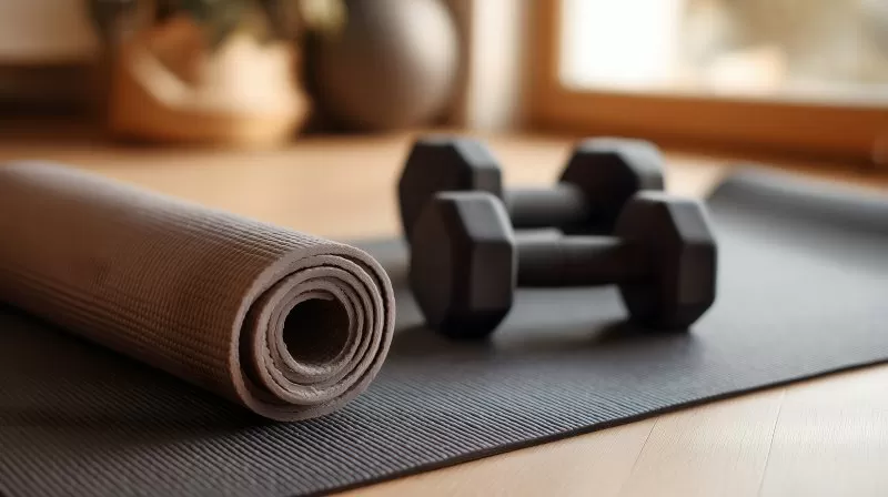 Yoga Matte und Hanteln im Home Gym