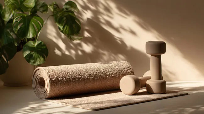 Yoga-Matte und Hanteln im sanften Licht