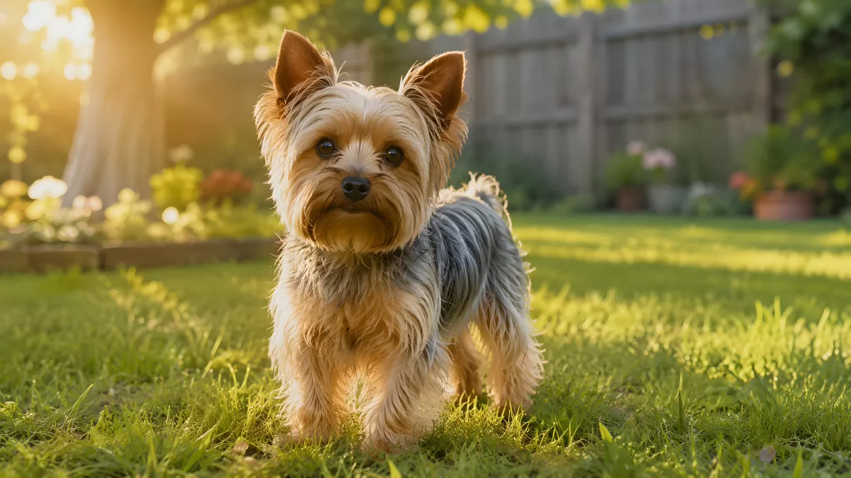 Yorkshire Terrier steht im sonnigen Garten auf Rasen