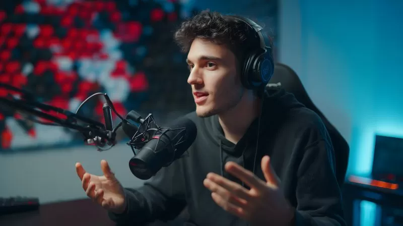 YouTuber mit dunklem Hoodie spricht in Mikrofon im Studio