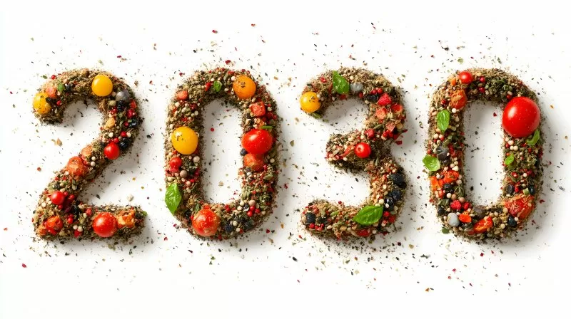 Zahl 2030 aus Lebensmitteln auf weißem Hintergrund