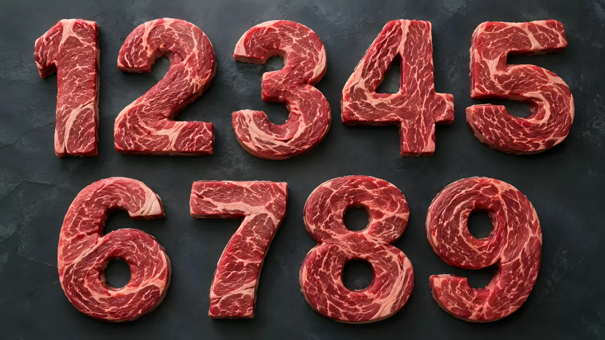 Zahlen 1 bis 9 aus marmoriertem Rindfleisch geformt