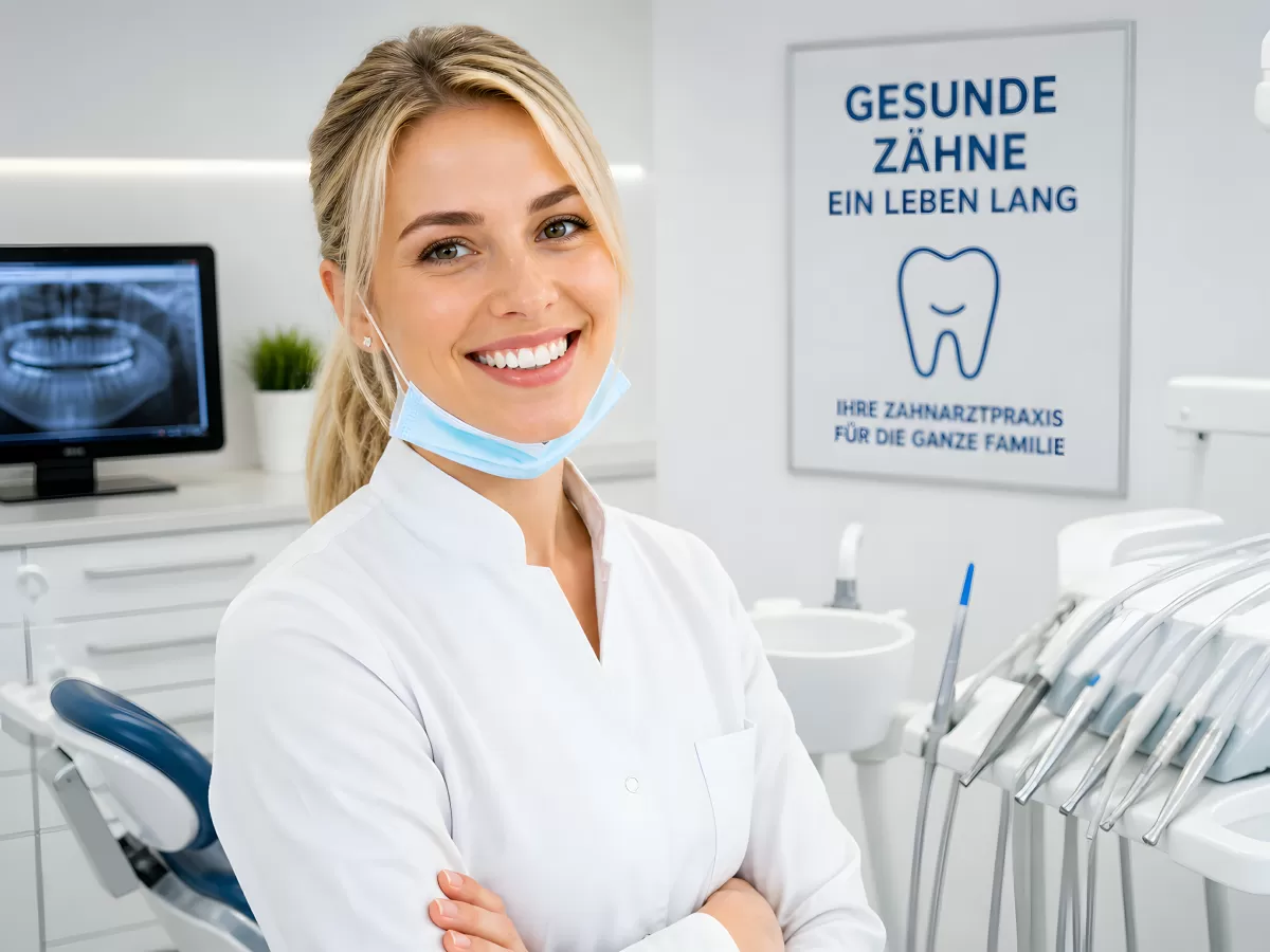 Zahnärztin in moderner Praxis lächelt in die Kamera