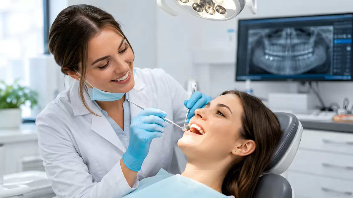 Zahnärztin untersucht Patientin in moderner Zahnarztpraxis
