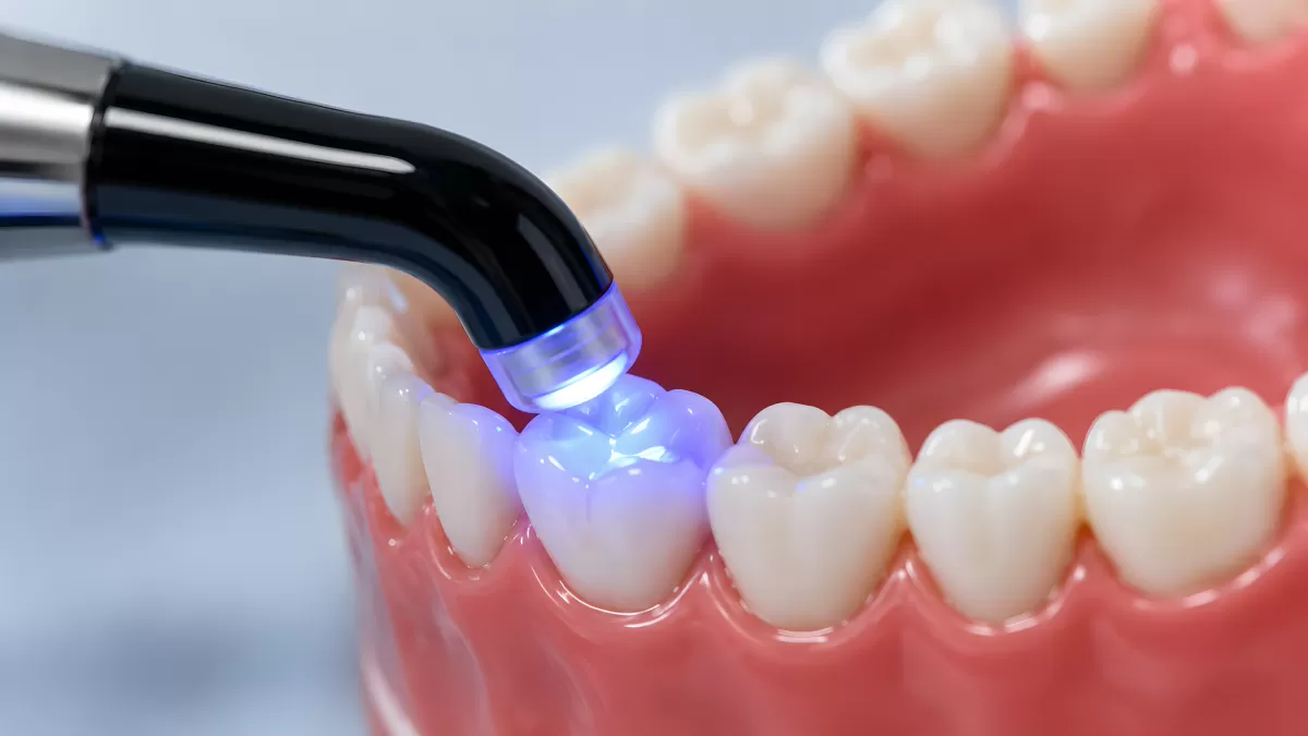 Zahnarzt cured Zahn mit UV-Licht beim Füllen