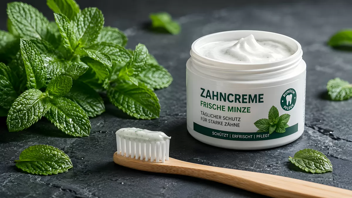 Zahncreme mit frischer Minze im offenen Glastiegel