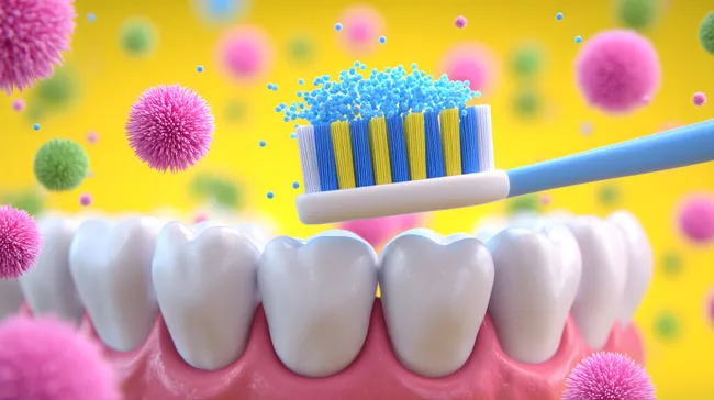 Zahnpflege mit Bakterien in bunter Umgebung