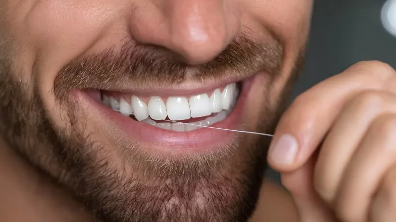 Zahnseide zwischen Vorderzähnen bei lächelndem Mann