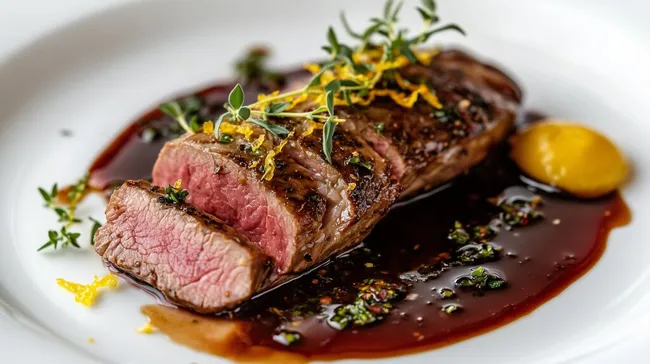 Zart geschmorte Rindersteaks mit dunkler Beerensauce